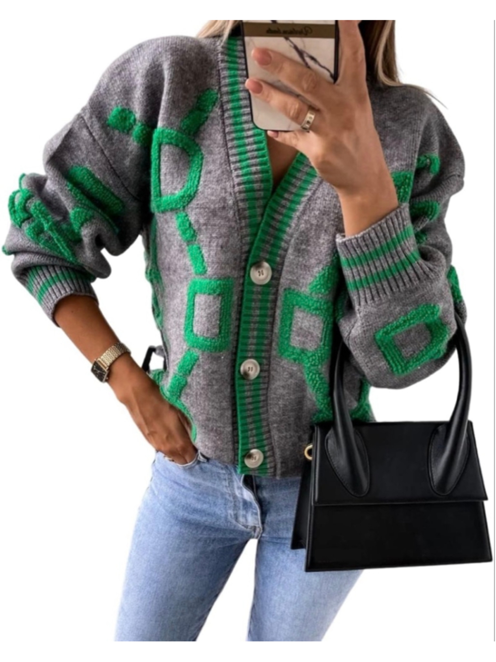 NEW Cardigan Oversized Button Down Long Sleeve Geometric Loose Sweater L